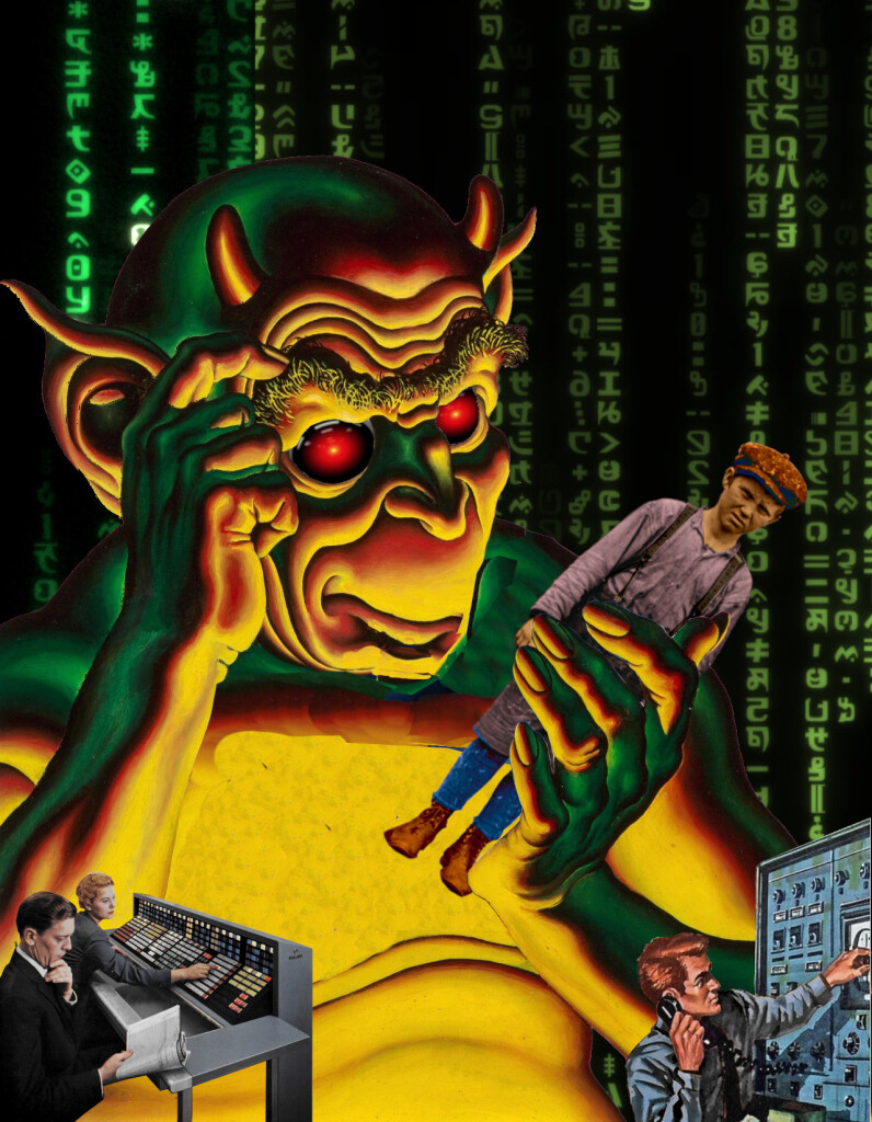 A huge, menacing demon holds a hand-tinted old-timey urchin in a clawed hand, looking at him with malign fascination. The background is a Matrix credits reel-style 'code waterfall.' In the foreground are various figures attending to control panels associated with the era of electromechanical computers. The demon's eyes have been replaced with the menacing red eyes of HAL 9000 from Kubrick's '2001: A Space Odyssey.'


Image:
Cryteria (modified)
https://commons.wikimedia.org/wiki/File:HAL9000.svg

CC BY 3.0
https://creativecommons.org/licenses/by/3.0/deed.en