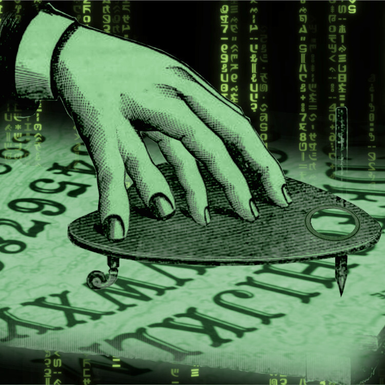 An old woodcut of a disembodied man's hand operating a Ouija board planchette. It has been modified to add an extra finger and thumb. It has been tinted green. It has been placed on a 'code waterfall' backdrop as seen in the credit sequences of the Wachowskis' 'Matrix' movies.