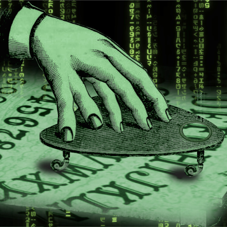 An old woodcut of a disembodied man's hand operating a Ouija board planchette. It has been modified to add an extra finger and thumb. It has been tinted green. It has been placed on a 'code waterfall' backdrop as seen in the credit sequences of the Wachowskis' 'Matrix' movies.