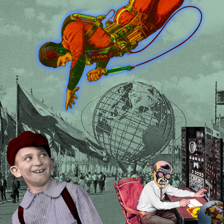 A cartoon image of a jetpack-flying man waves hello at a gap-toothed, awed young boy. Beneath them in the corner, a sinister figure with huge, hypnotic-spiral eyes works the switches on an imposing control panel. On his desk is a copy of Amazing Stories with the same rocketeer. In the image background is a faded, halftoned image of the NYC 1964 World's Fair.
