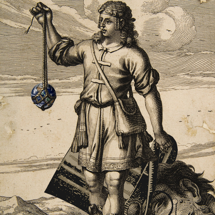 Abraham Bosse's 17th century etching of David with a defeated Goliath. In the original, David marvels at his sling while standing astride the giant head of Goliath, which has been severed and sports a notable forehead-dent. The image has been modified, replacing the rock in David's sling with the Earth, and adding a monocle and top-hat to Goliath's severed head.