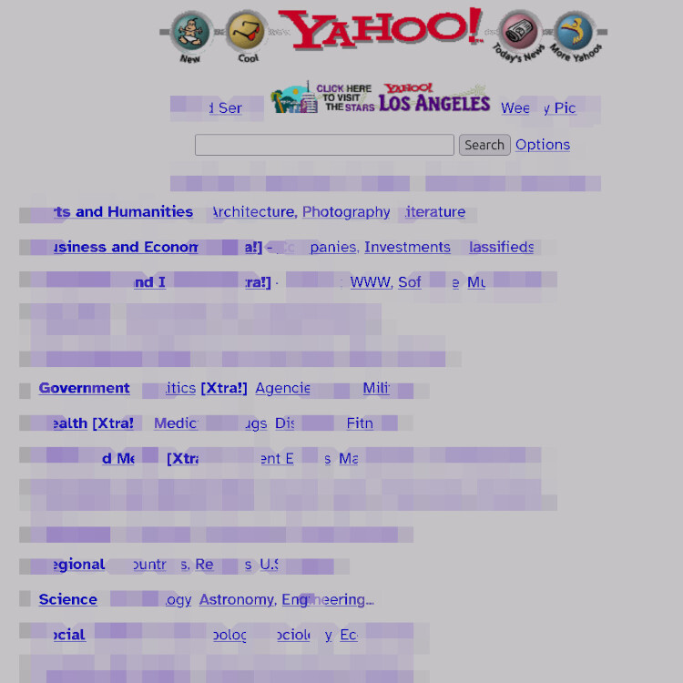 A 1994 Yahoo homepage. It is animated. The blue links blur and then disappear.