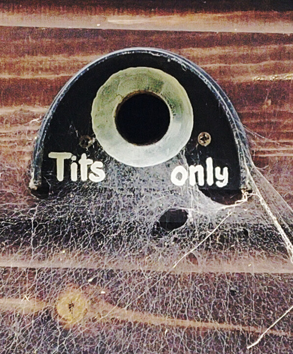 Semicircular black metal plate, with a hole in it surrounded by a gold effect circle, on a wooden background. 
Gold coloured lettering below the hole to left and right reads "Tits only"