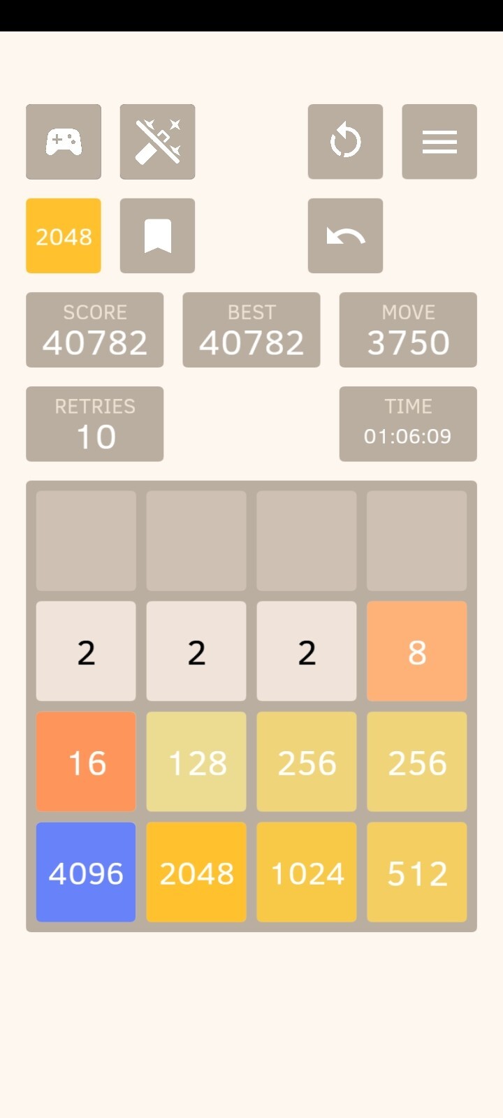 A screenshot of the 2048 game. I'm about to make a 8192 tile.