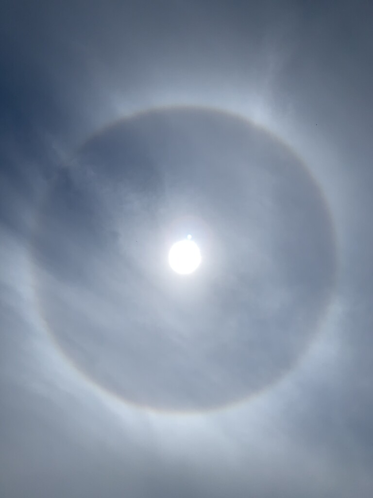 A hazy sky with the sun dead centre of the photo. The haze causes a perfectly round halo around the sun. 