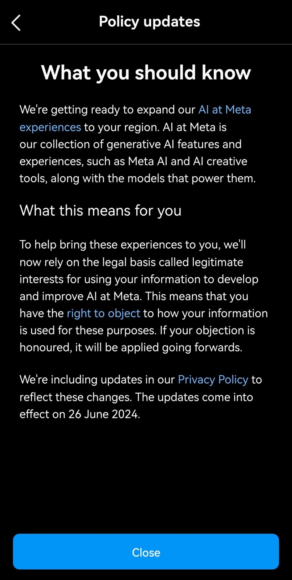 Zrzut ekranowy wyjaśnienia w języku angielskim, wyświetlonego w aplikacji Instagram, informującego o prawie do sprzeciwu wobec przetwarzania danych dla celów AI firmy Meta.