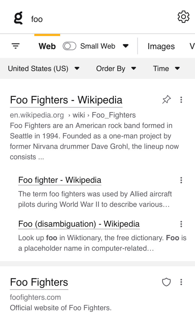 Kagi search for "foo" - I have Wikipedia pinned 