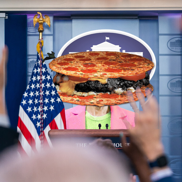 A press conference in the White House briefing room. The press secretary has been replaced with a woman's torso topped with a 'pizzaburger' (a hamburger patty between two pepperoni pizzas) in place of a head.