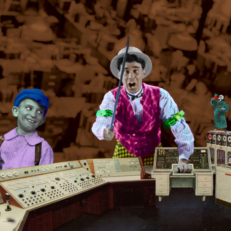 A suite of old, mainframe-style computers. Looming over them is a carny barker, waving a cane. Perched atop one of the mainframes is a skeleton in a robe, drinking a goblet of blood. On the right, a credulous, gap-toothed child in old-timey clothes grins in marvel at the barker's pitch. The background is an out-of-focus filing room filled with ranked filing cabinets and busy clerks.
