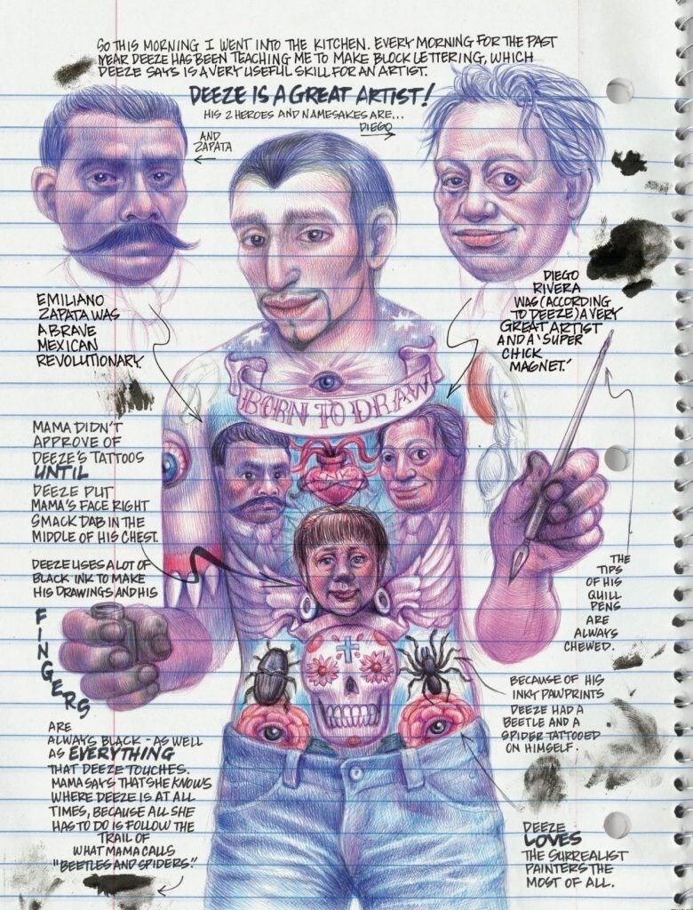 A page from 'My Favorite Thing Is Monsters Book One,' depicting a shirtless, tattooed Deeze, annotated to describe his art practice.