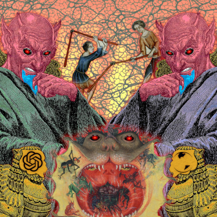 A pair of bethroned demons, identical save for different colored robes, face each other. The left demon's throne arm is emblazoned with the OpenAI logo. The right demon's throne bears the Universal Music Group logo. The two thrones are joined by a hellmouth - an anthropomorphic nightmare maw. The eyes of the demons and the hellmouth have been replaced with the glaring red machine-eye of HAL9000 from Kubrick's '2001: A Space Odyssey.' Between the demons toil two medieval serfs, bearing threshing implements.


Image:
Cryteria (modified)
https://commons.wikimedia.org/wiki/File:HAL9000.svg

CC BY 3.0
https://creativecommons.org/licenses/by/3.0/deed.en

