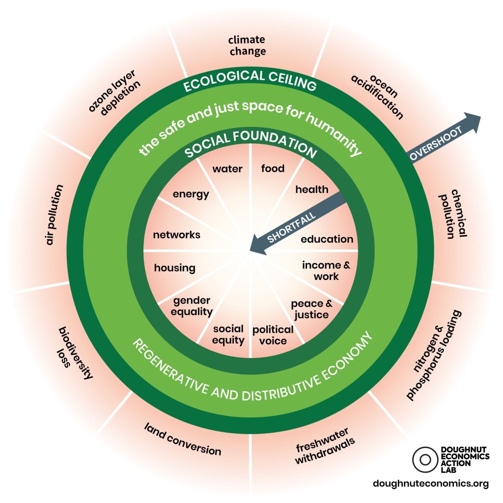 Graphic from https://doughnuteconomics.org showing different factors affecting economic undershoot and overshoot.