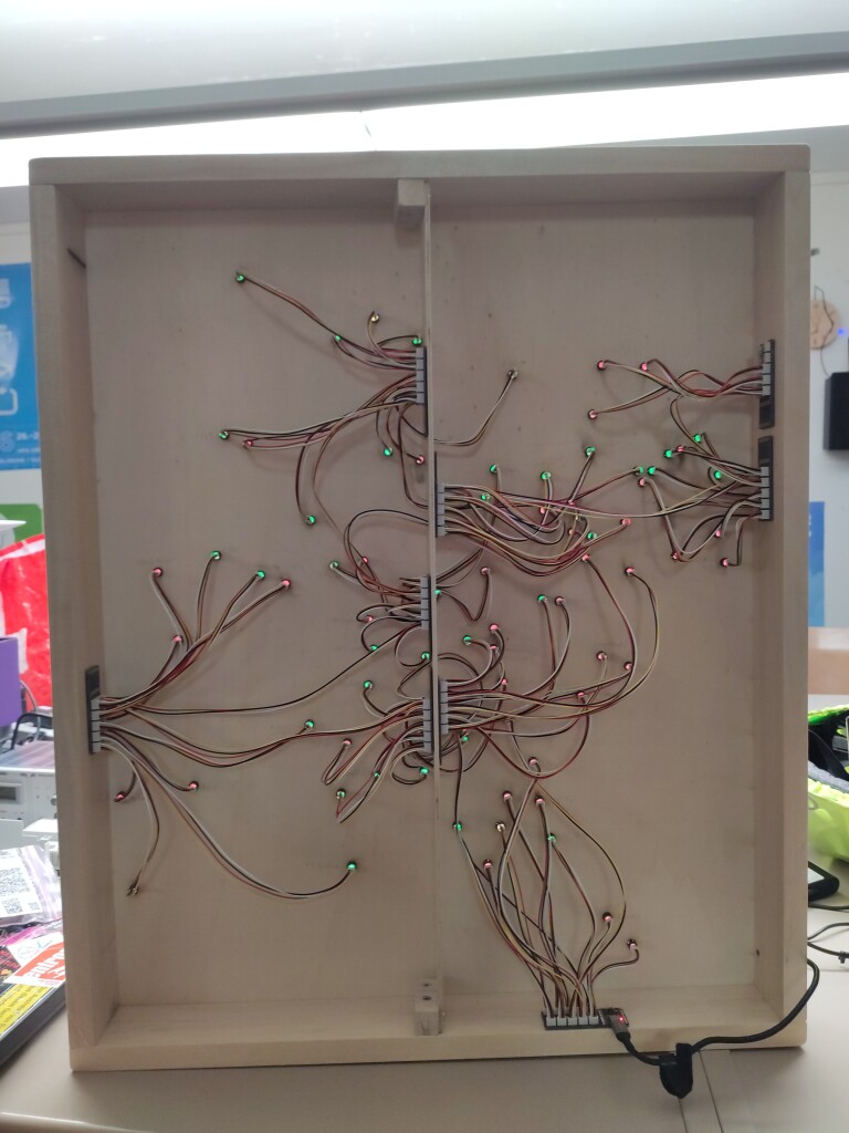 The map viewed from the back, showing the PCBs and cabling. There are 9 small PCBs mounted to the wooden frame of the map at different locations. The PCBs are connected to each other, and each PCB connects to up to 10 LEDs. The first PCB in the bottom right additionally holds an ESP32 microcontroller, to which a USB cable is connected.