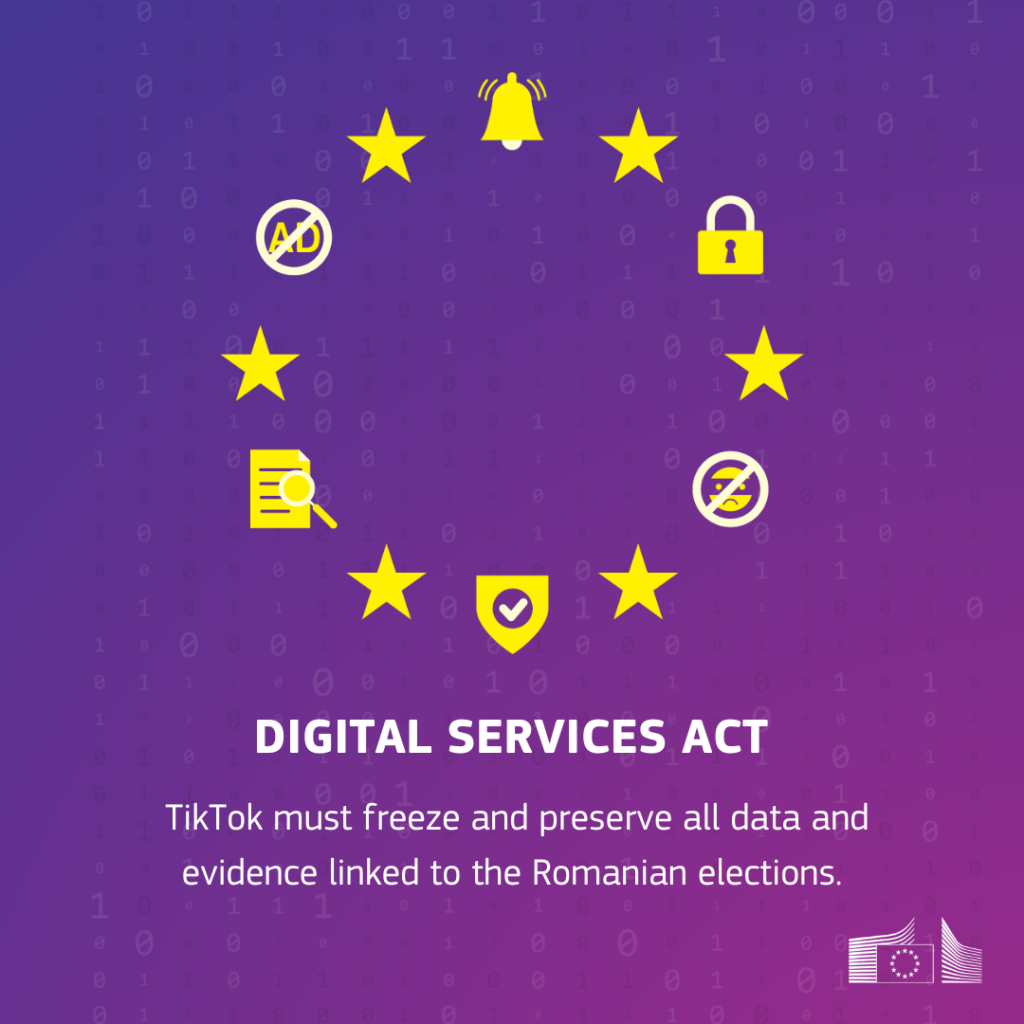 A visual with eight yellow stars on a purple background and six icons representing notifications, security, search, and ads placed around the stars. At the centre is a magnifying glass with a chart inside. The text at the bottom reads 'DIGITAL SERVICES ACT' and 'TikTok must freeze and preserve all data and evidence linked to the Romanian elections.' The European Commission logo is in the lower right corner.