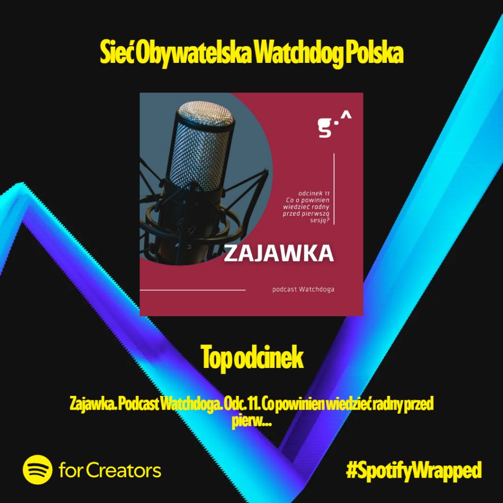 Top odcinek podcastu

Czarne tło z grafiką odcinka podcastu Watchdog: „Zajawka. Podcast Watchdoga. Odc. 11. Co powinien wiedzieć radny przed pierwszą sesją?”. Na górze nazwa „Sieć Obywatelska Watchdog Polska” oraz żółty napis „Top odcinek”. Na dole logo Spotify for Creators oraz hashtag #SpotifyWrapped.