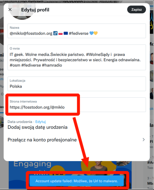 Ekran z twittera - komunikat o malware przy próbie wpisaniado profilu adresu konta mastodon