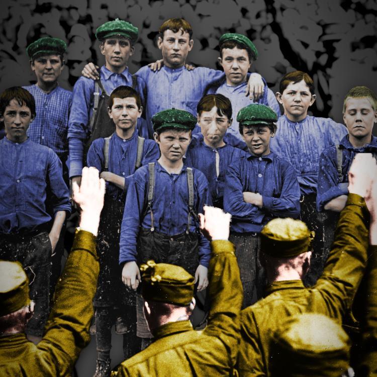 A line of Nazis at the Nuremburg rally, throwing Nazi salutes. Their backs are to us. Facing them is a hand-tinted group of child laborers from the early 20th century, squinting suspiciously at them.