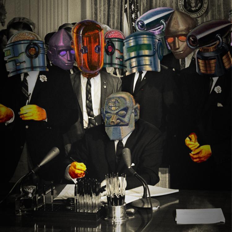 The famous photo of LBJ signing the Civil Rights Act. LBJ and the onlookers' heads have been replaced with the heads of 1950s pulp magazine robots.