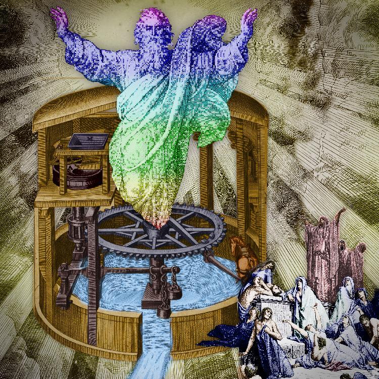 A cutaway view of a stone tower containing an elaborate water-powered medieval geared machine. Rising out of the machine is a rainbow-tinted, pixelated God with the robes, beard and all. To one side of this scene is a cluster of tiny people in Jesus-era robes, falling about themselves in religious ecstasy all over a stone staircase, atop of which stands a robed priest with his hands upraised. The background is a set of shining golden rays, emanating from pixel-God.