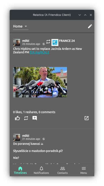 Ekran aplikacji Relatica na Linux. Nic specjalnego, wygląda jak apka do Friendica czy Mastodon :)