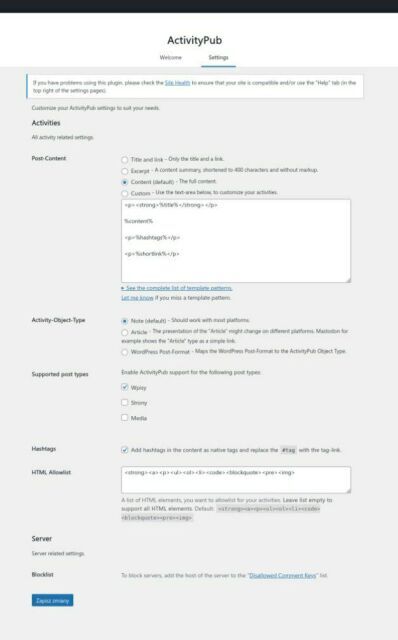 Screenshot z ekranu ustawień plugina activitypub do wordpress