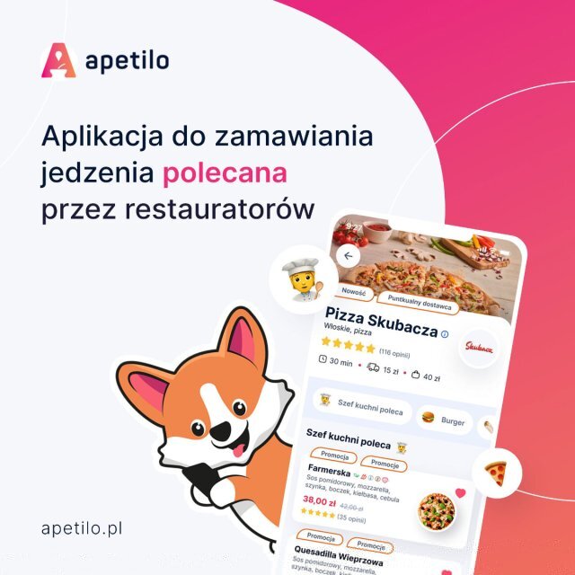 Uśmiechnięty pies corgi trzyma telefon i zamawia jedzenie. Obok informacja: aplikacja do zamawiania jedzenia polecana przez restauratorów – Apetilo.pl