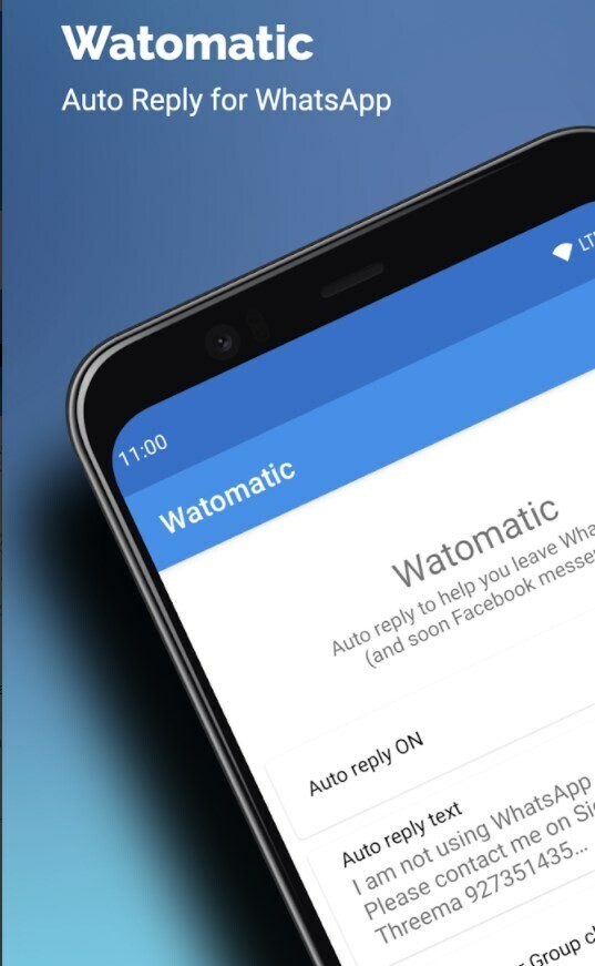 The Watomatic app store card, featuring a screenshot of the app in action, with the autoreply text for people who try to reach you on Whatsapp.