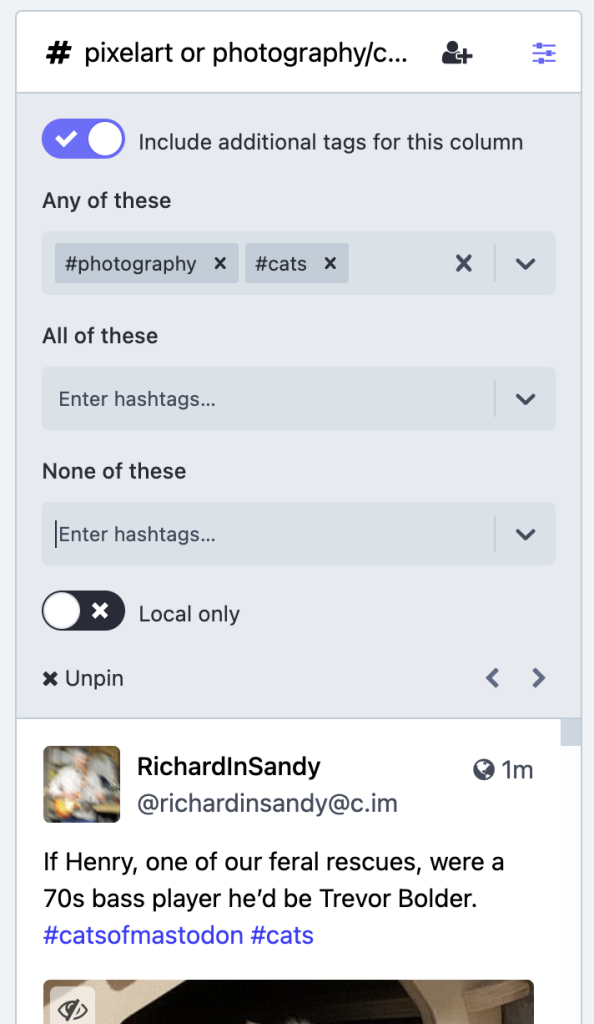 Multi-hashtag pinned timeline on Mastodon's advanced web interface