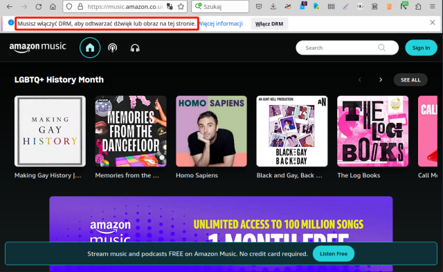 screenshot - strona amazonmusic z wymaganiem DRM