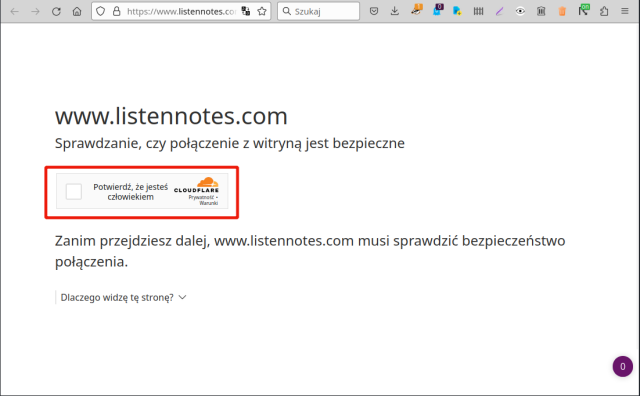 screenshot - strona listennotes.com z wymaganiem captcha