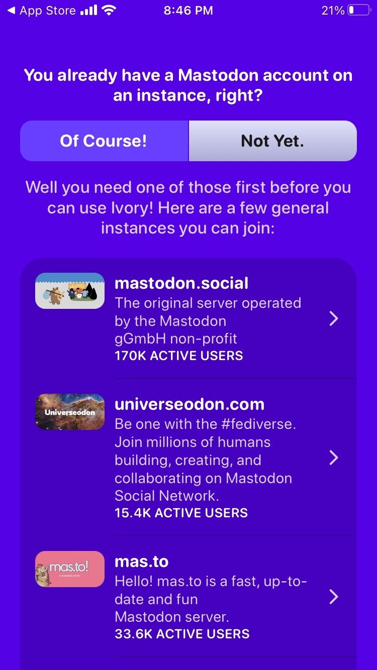 Mastodon sign-up inside Ivory