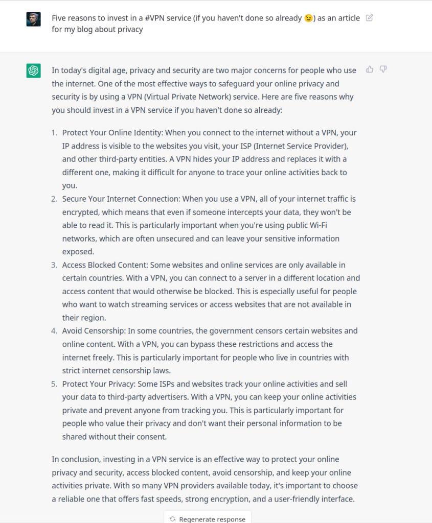 ChatGPT generujący artykuł po angielsku na temat VPNów