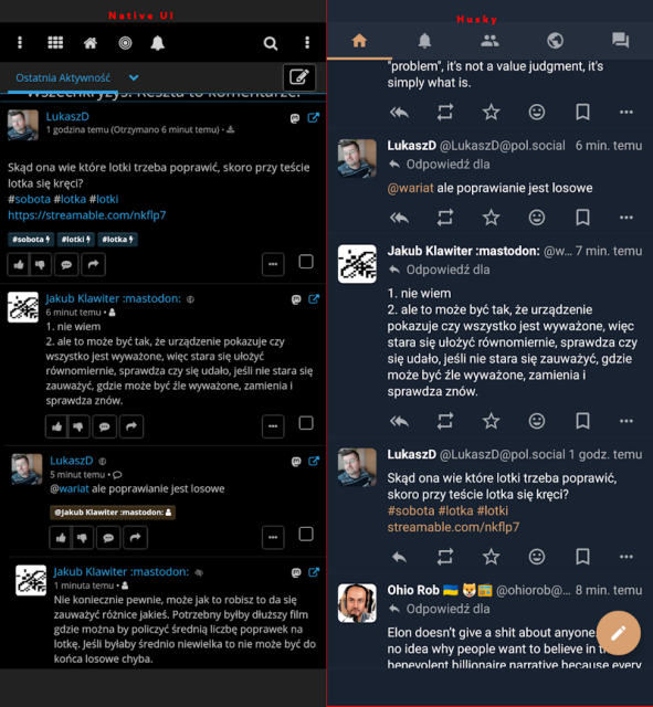 zrzut ekranu z telefonu, porównujący wygląd natywnego interfejsu Friendiki i interfejsy aplikacji husky. 