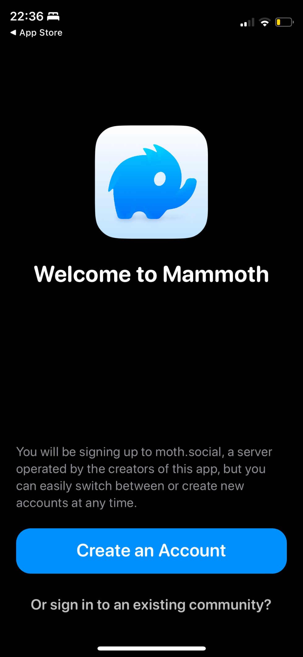 Screenshot of Mammoth app showing prominent Create an Account button alongside a secondary “Or sign in to an existing community” link.