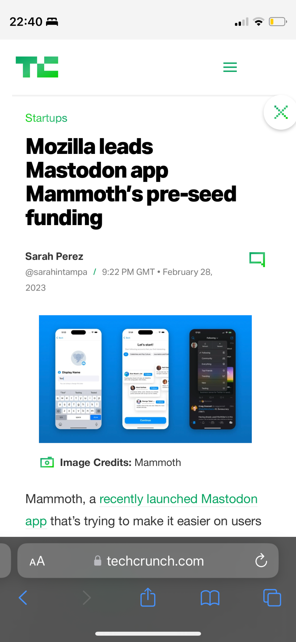 Screenshot of TechCrunch article: Mozilla leads Mastodon app Mammoth’s pre-seed funding