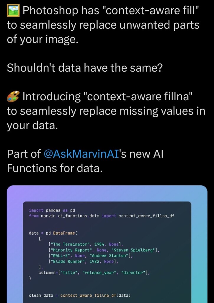 Screenshot of an ad for AskMarvinAI's new tool that does "context-aware" filling of missing values in datasets.