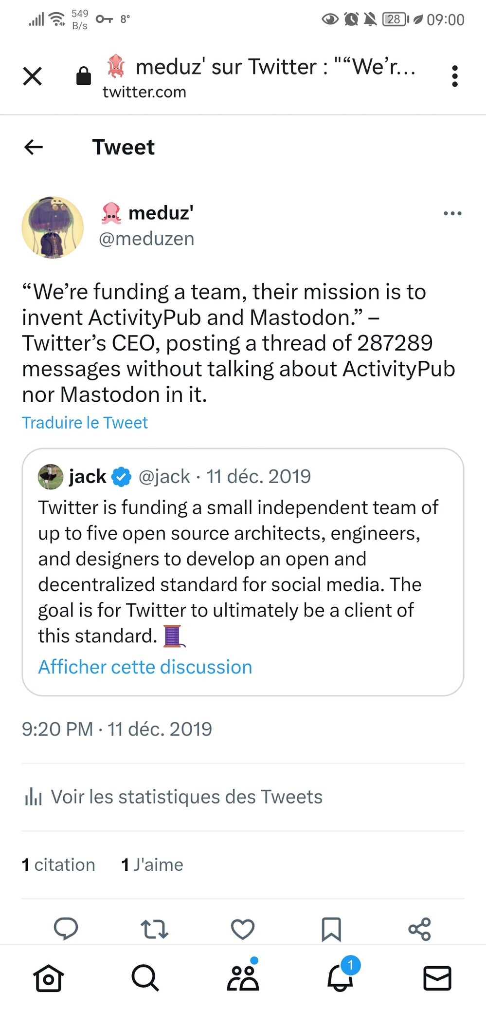 Me, quoting Jack Dorsey on Twitter and pointing that he’s trying to invent ActivityPub and Mastodon by saying in December 2019: “Twitter is funding a small independent team of up to five open source architects, engineers, and designers to develop an open and decentralized standard for social media. The goal is for Twitter to ultimately be a client of this standard. 🧵”.