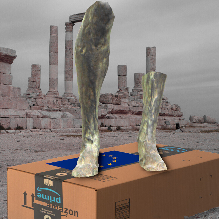 A desert ruin. In the foreground is a huge Amazon box, with an EU flag in place of its shipping label. Atop the box are the feet and partial legs of an Oxymandias figure.

Image:
Rama (modified)
https://commons.wikimedia.org/wiki/File:Gladiator_with_sword-Louis_Ernest_Meissonnier-MG_1216-IMG_1223-white.jpg

CC BY-SA 3.0
https://creativecommons.org/licenses/by-sa/3.0/fr/deed.en
