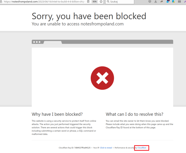Screenshot - blokada od cloudflare na stronie notesfrompoland.com