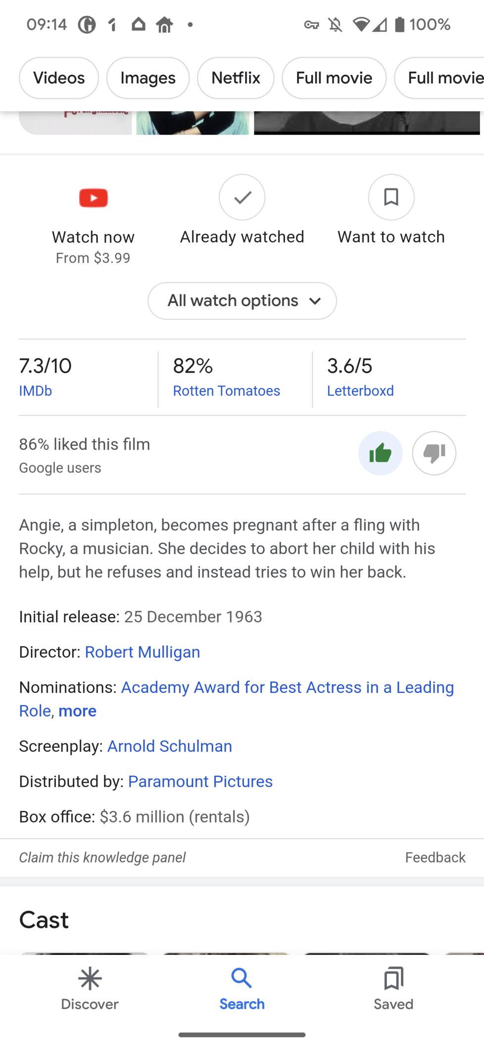 Google Search card for the film "Love with a Proper Stranger" 