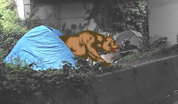 A homeless person's tent under a freeway underpass. From it emerges the bear from the California state flag.

Image:
Wonderlane (modified)
https://www.flickr.com/photos/71401718@N00/34328251571

CC BY 2.0
https://creativecommons.org/licenses/by/2.0/