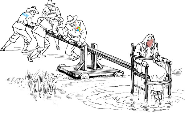 A line drawing of pilgrims ducking a witch tied to a ducking stool. The pilgrims' clothes have been emblazoned with the logos for the WSJ, Microsoft, Activision and Blizzard. The witch's face has been replaced with that of FTC chair Lina M Khan.