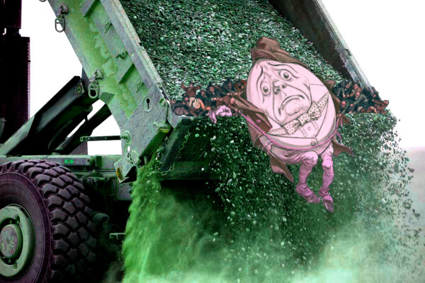 A dump-truck, dumping out a load of gravel. A caricature of Humpty Dumpty clings to its lip, restrained by a group of straining, Lilliputian men.