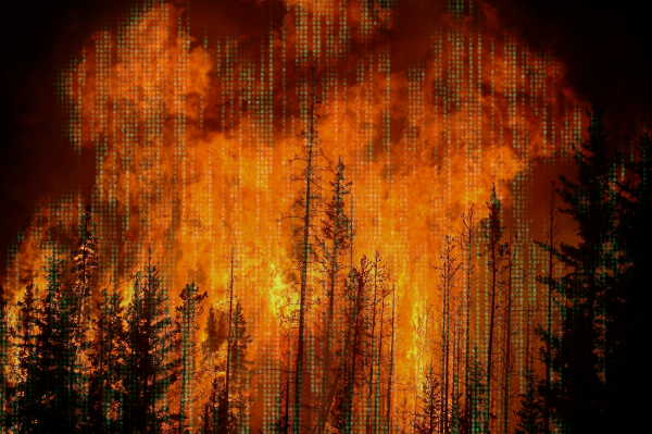 A forest wildfire. Peeking through the darks in the stark image are hints of the green Matrix "waterfall" effect.

Image:
Cameron Strandberg (modified)
https://commons.wikimedia.org/wiki/File:Fire-Forest.jpg

CC BY 2.0
https://creativecommons.org/licenses/by/2.0/deed.en
