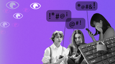 three women with their phones, with apparent hateful words on them (shown through characters !*#@). purple background, with floating eyes on the left upper-hand corner