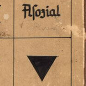 Image of the black triangle worn in concentration camps by those labeled "Asocial" with old-german lettering above saying "Asozial" from a contemporary table of prisoner markings. 