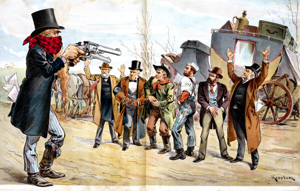 An old Punch editorial cartoon depicting a bank-robber sticking up a group of businesspeople and workers. He wears a bandanna emblazoned with dollar-signs and a top-hat.