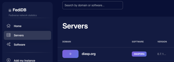 fedidb.org servers page showing a Diaspora node