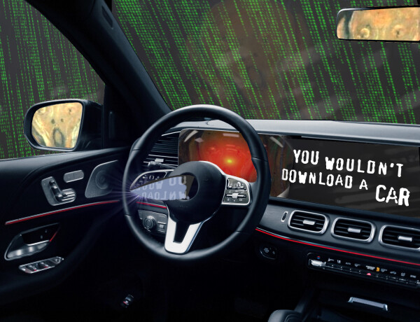 Image description
The interior of a luxury car. There is a dagger protruding from the steering wheel. The entertainment console has been replaced by the text 'You wouldn't download a car,' in MPAA scare-ad font. Outside of the windscreen looms the Matrix waterfall effect. Visible in the rear- and side-view mirror is the driver: the figure from Munch's 'Scream.' The screen behind the steering-wheel has been replaced by the menacing red eye of HAL9000 from Stanley Kubrick's '2001: A Space Odyssey.'

Image:
Cryteria (modified)
https://commons.wikimedia.org/wiki/File:HAL9000.svg
CC BY 3.0
https://creativecommons.org/licenses/by/3.0/deed.en