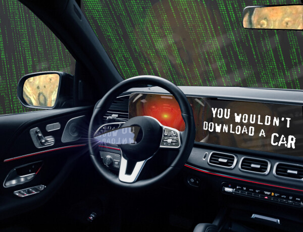 The interior of a luxury car. There is a dagger protruding from the steering wheel. The entertainment console has been replaced by the text 'You wouldn't download a car,' in MPAA scare-ad font. Outside of the windscreen looms the Matrix waterfall effect. Visible in the rear- and side-view mirror is the driver: the figure from Munch's 'Scream.' The screen behind the steering-wheel has been replaced by the menacing red eye of HAL9000 from Stanley Kubrick's '2001: A Space Odyssey.'

Image:
Cryteria (modified)
https://commons.wikimedia.org/wiki/File:HAL9000.svg
CC BY 3.0
https://creativecommons.org/licenses/by/3.0/deed.en